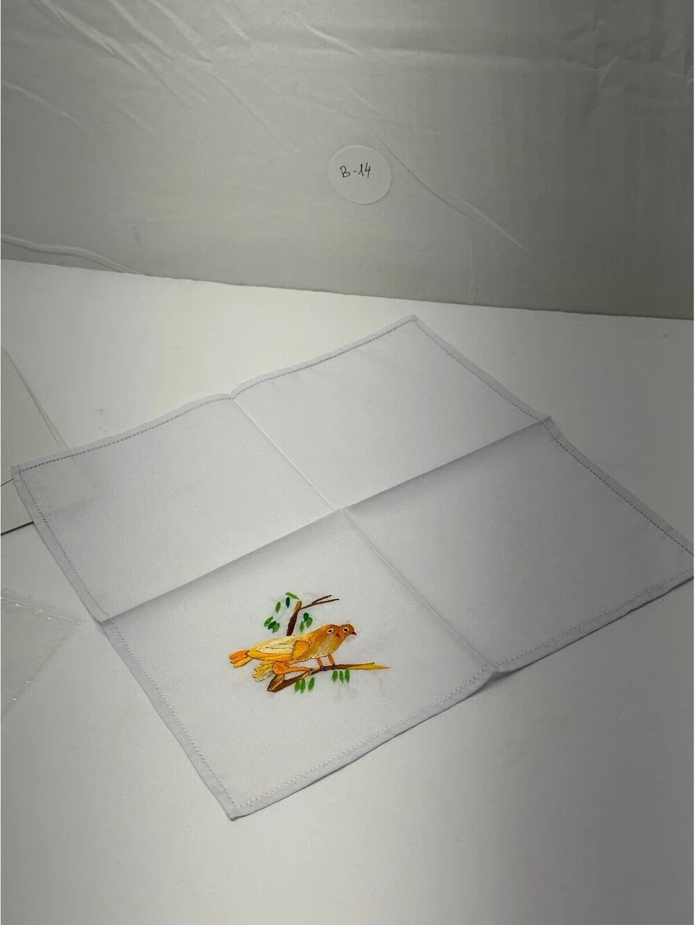 Vintage Hand-Embroidered Bird Handkerchief White Cotton Floral Detail B-14